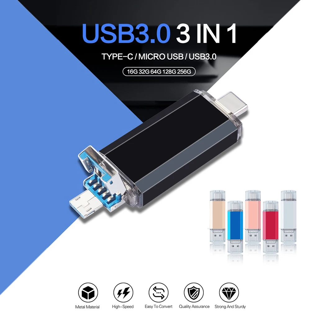 3-In-1 U Disko TIPAS-C+Micro USB+USB3.0 USB Flash Drive, OTG Memory Stick 32GB