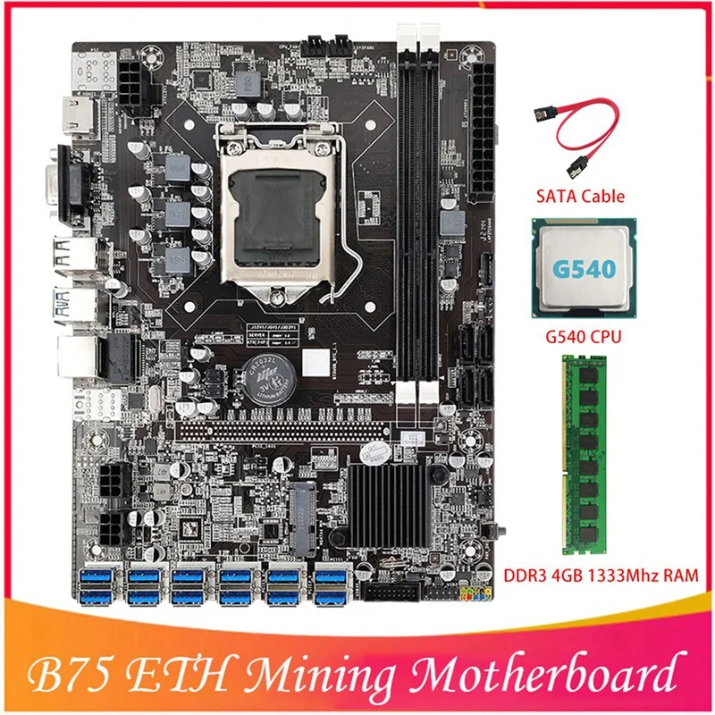 B75 BTC Kasybos Plokštė 12 PCIE Į USB LGA1155 Su G540 CPU+DDR3 4GB 1333Mhz RAM+SATA Kabelis B75 ETH Kasyba
