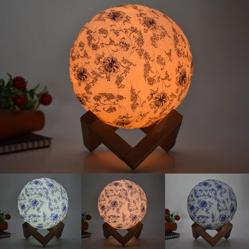 USB LED naktį mėnulio šviesos žibintas 3D spalvinga mėlynos ir baltos spalvos porceliano stalo lempa Touch 3 Spalvų Keitimas Palieskite Jungiklis vaikams baby